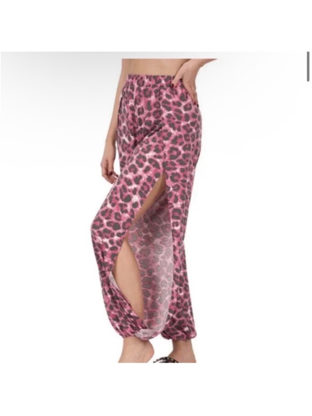 Zenana Outfitters Pink Leopard Side-Slit Pants